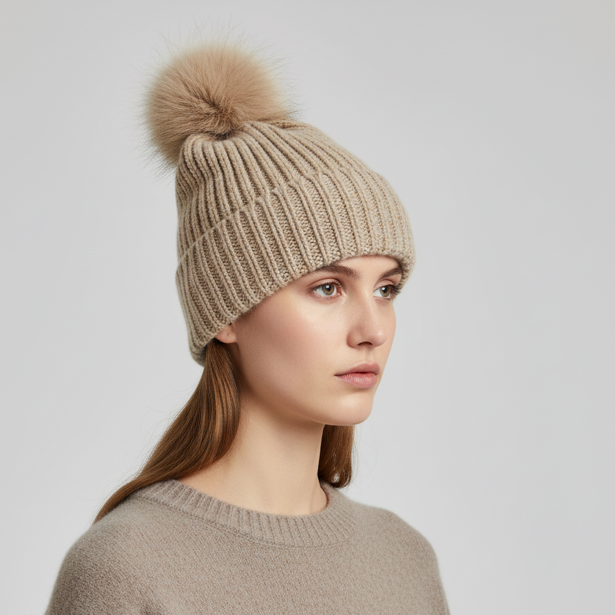 Woman wearing a beige knit beanie with a pom-pom on a light gray background Woman wearing a beige knit beanie with a pom-pom on a light gray background