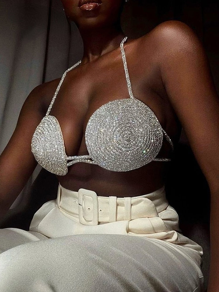 Silk crystal embellished bra, black, Tops Women's