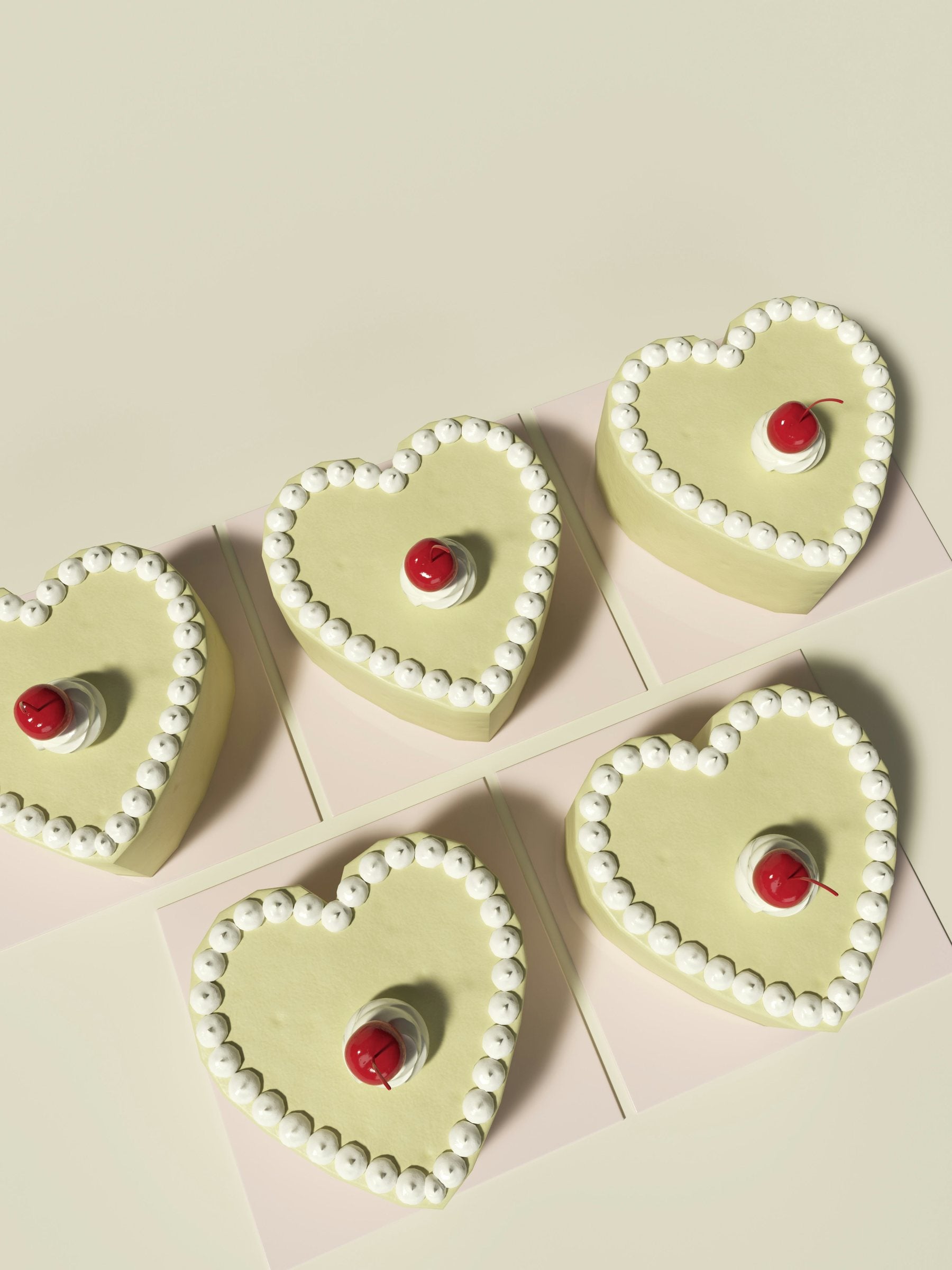 Editorial: individual pistachio heart cakes with cherries, one for each guest