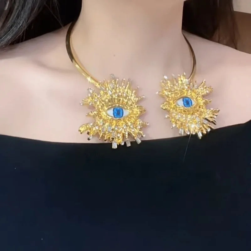 EVIL EYE SUNBURST CHOKER – Gold Crystal Collar Necklace
