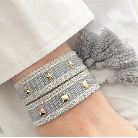 TABITHE Woven Bracelet – Adjustable Cotton Charm with Star & Moon Studs
