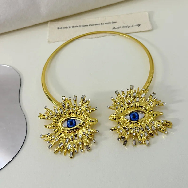 EVIL EYE SUNBURST CHOKER – Gold Crystal Collar Necklace