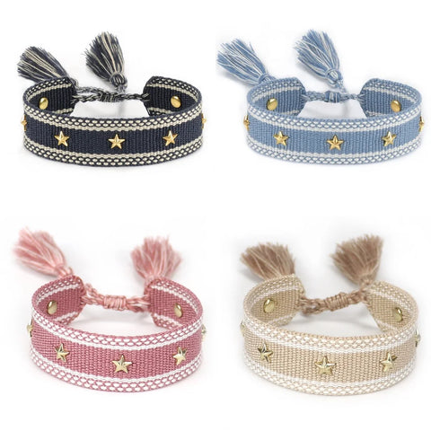 TABITHE Woven Bracelet – Adjustable Cotton Charm with Star & Moon Studs