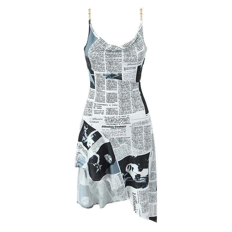 Dress made from newspaper print on a white background