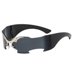 Black sunglasses with a unique frame design on a white background