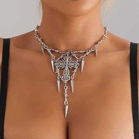 BARBED CROSS Spike Choker Necklace