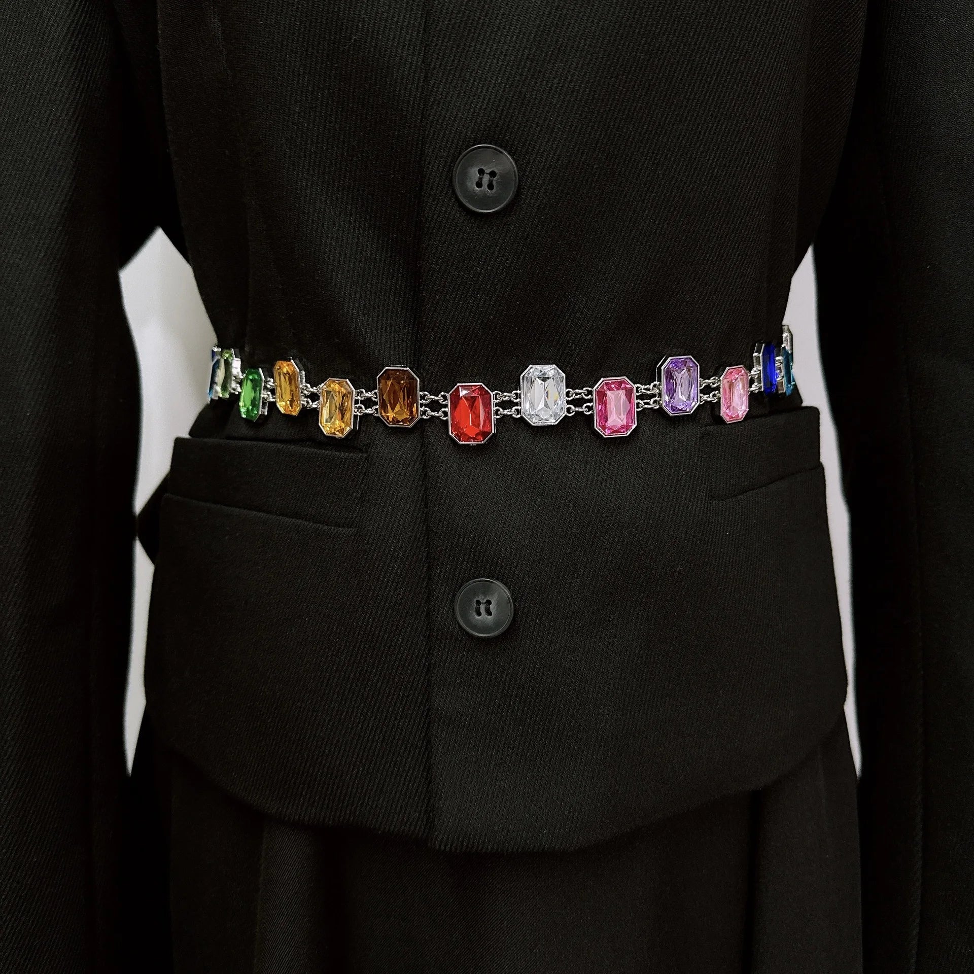 Black coat with a colorful gemstone belt Main image