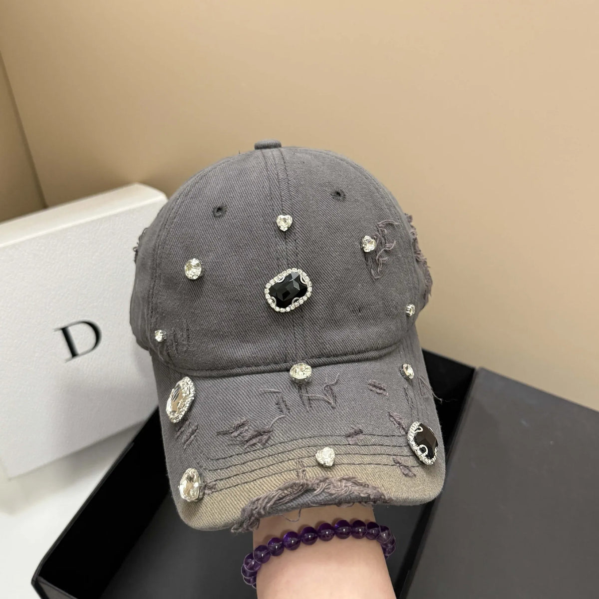 DIAMANTÉ Baseball Cap-hat-saint chic-Gray-SAINT CHIC