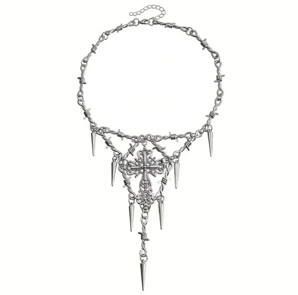 Silver necklace with spikes and cross pendant on a white background