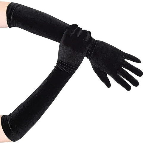 Black elbow-length gloves with a measurement label on a white background