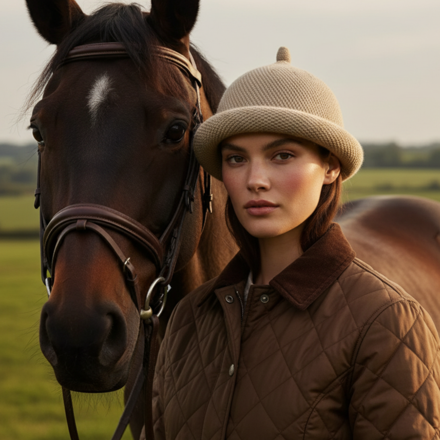 Woman in a brown quilted jacket and beige hat standing next to a horse in a field.