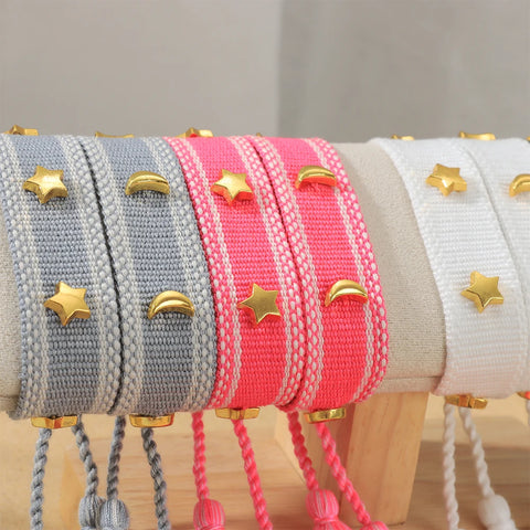 TABITHE Woven Bracelet – Adjustable Cotton Charm with Star & Moon Studs