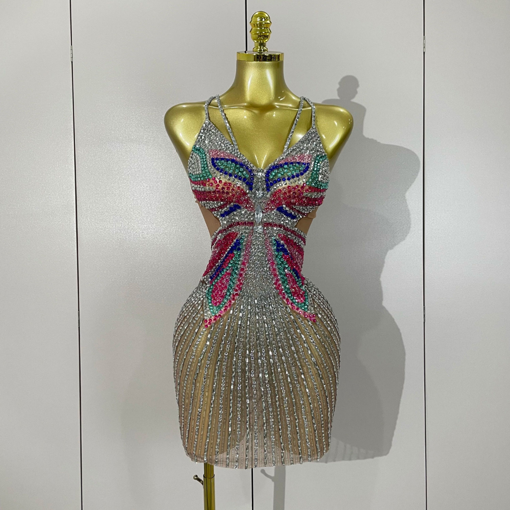 BUTTERFLY RHINESTONE Illusion Mini Dress