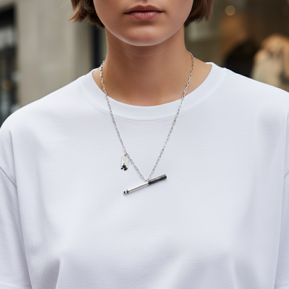 Person wearing a white t-shirt and two necklaces with a blurred background