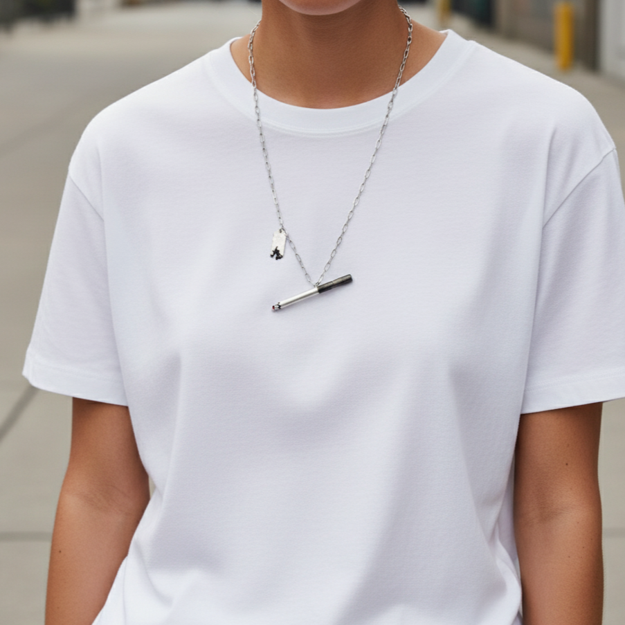 Person wearing a plain white t-shirt and a necklace with a pendant.