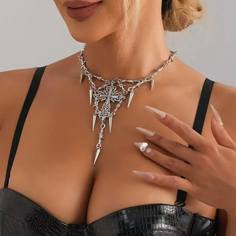 BARBED CROSS Spike Choker Necklace