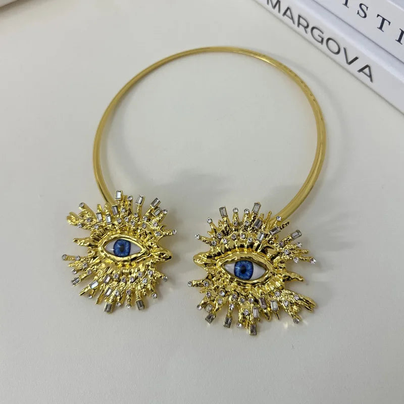 EVIL EYE SUNBURST CHOKER – Gold Crystal Collar Necklace-Necklace-SAINT CHIC