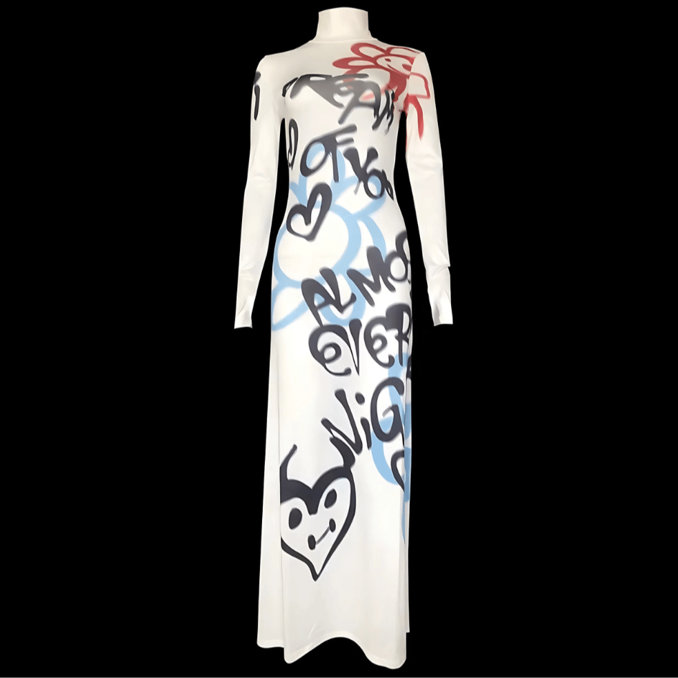 GRAFFITI Turtleneck Stretch Maxi Dress – Bold Spray Paint Print-dress-SAINT CHIC Image principale du produit