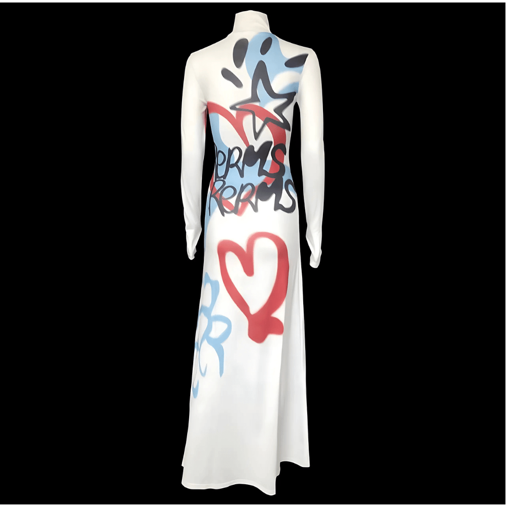 GRAFFITI Turtleneck Stretch Maxi Dress – Bold Spray Paint Print-dress-SAINT CHIC