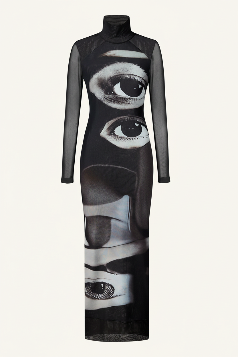 Black dress with eye pattern on a white background Main image