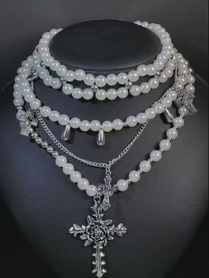 PROSE Layered Pearl Cross Necklace – Gothic Statement Choker