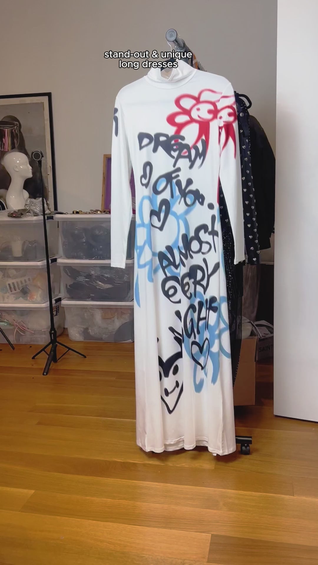 GRAFFITI Turtleneck Stretch Maxi Dress – Bold Spray Paint Print