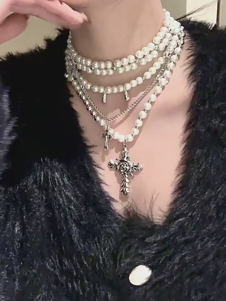 PROSE Layered Pearl Cross Necklace – Gothic Statement Choker