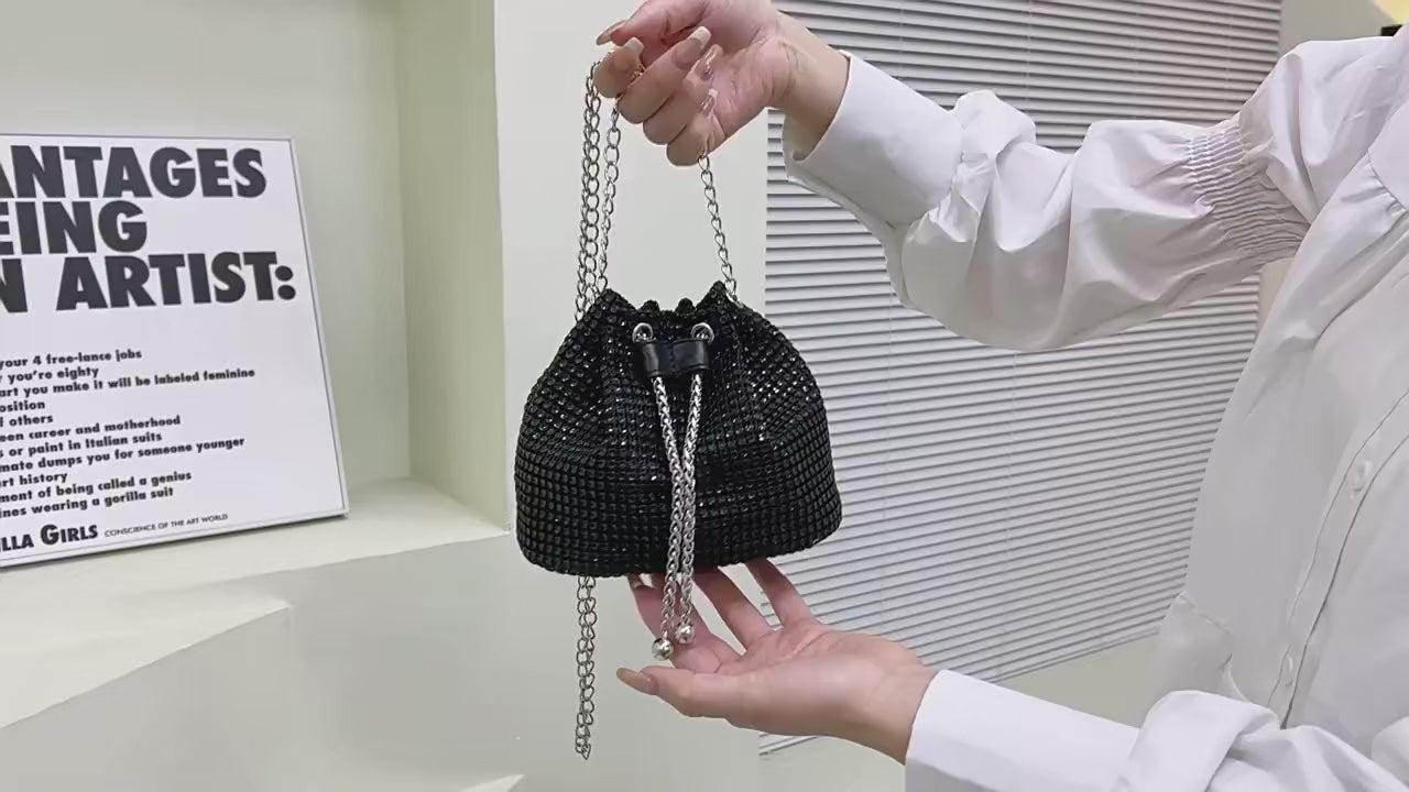 STARDUST Bag rhinestone bucket bag in black, close-up