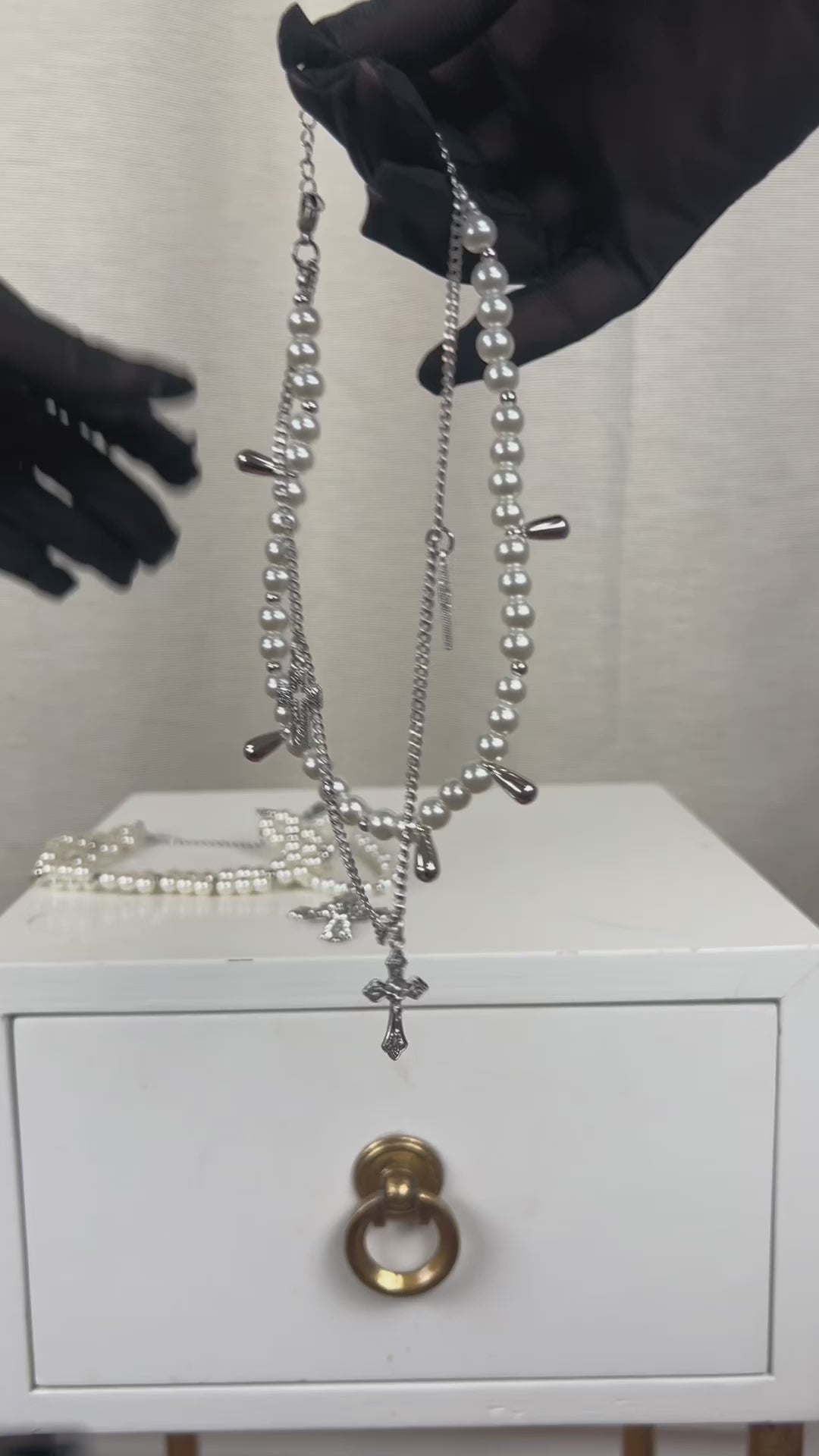 PROSE Layered Pearl Cross Necklace – Gothic Statement Choker