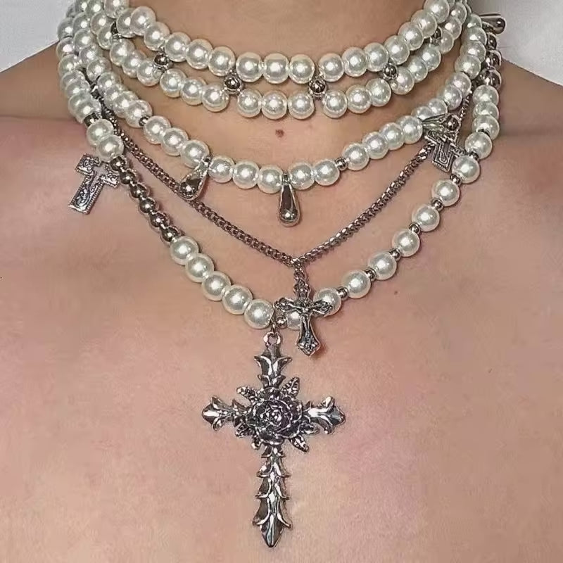 PROSE Layered Pearl Cross Necklace – Gothic Statement Choker