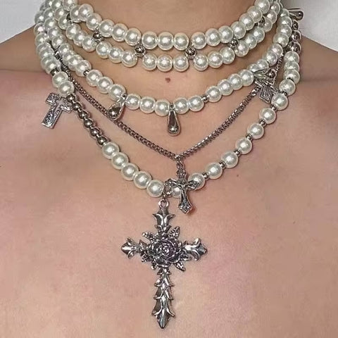PROSE Layered Pearl Cross Necklace – Gothic Statement Choker