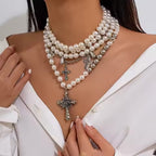 PROSE Layered Pearl Cross Necklace – Gothic Statement Choker