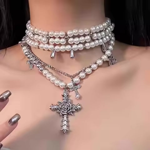 PROSE Layered Pearl Cross Necklace – Gothic Statement Choker