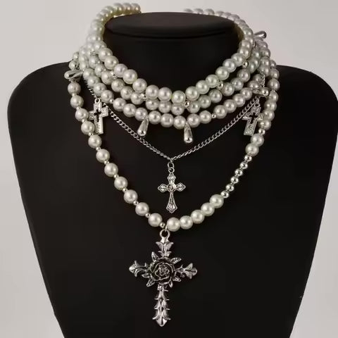 PROSE Layered Pearl Cross Necklace – Gothic Statement Choker