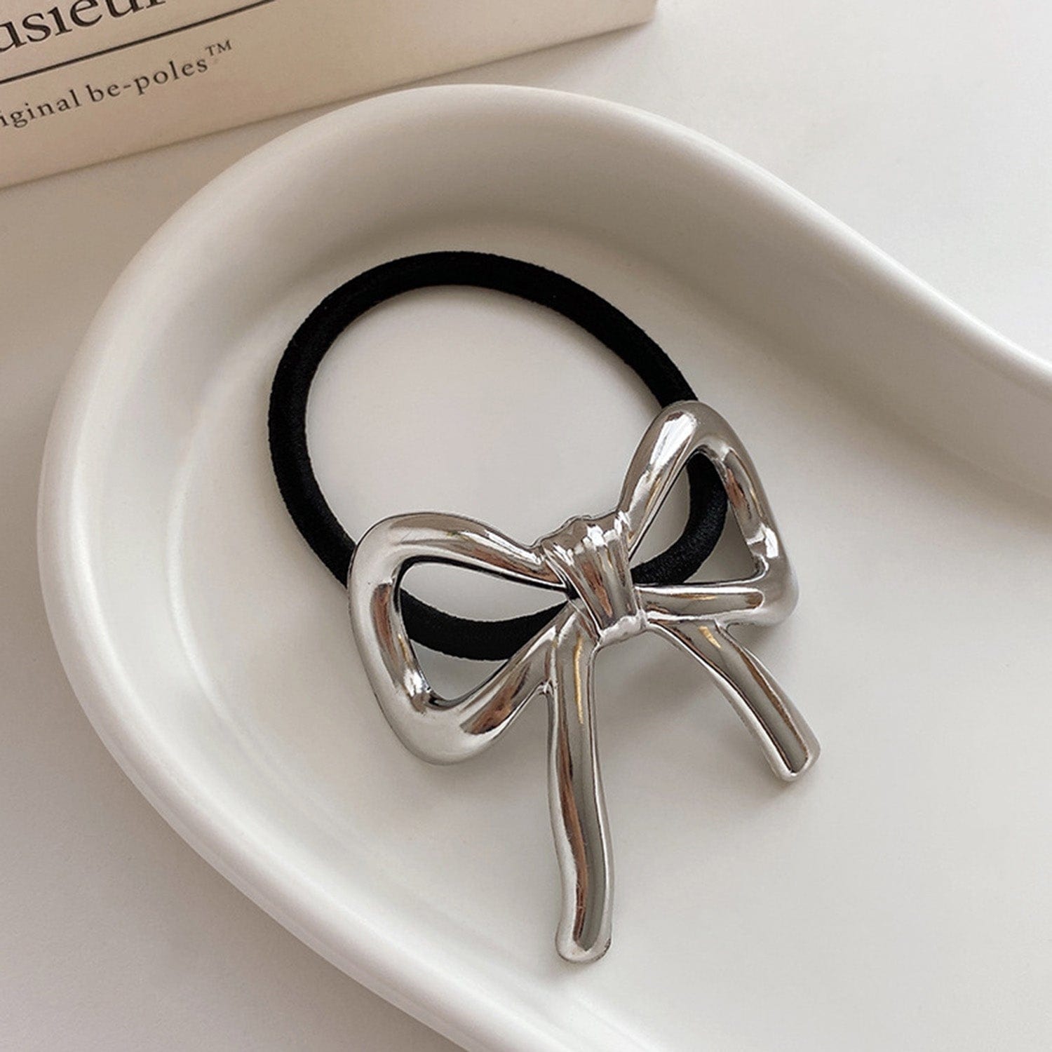 SAINT CHIC hair accesory Silver Ribbon Bow Hair Tie BOWS Metal Hair Pin & Tie