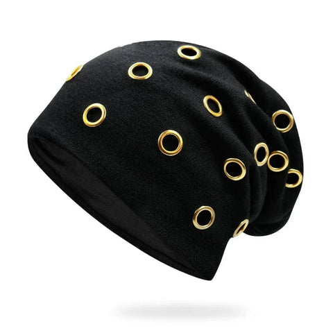 SAINT CHIC Hat Black Gold Circles / One Size METAL Beanie Hat