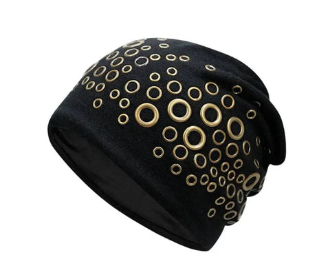 SAINT CHIC Hat Black Multi Gold Circles / One Size METAL Beanie Hat