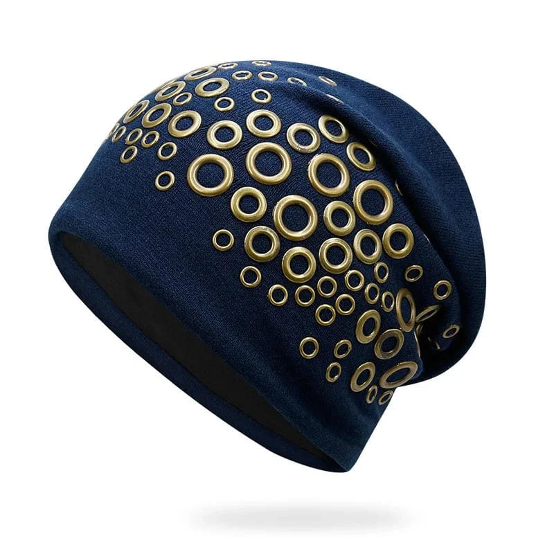 SAINT CHIC Hat Blue Multi Gold Circles / One Size METAL Beanie Hat