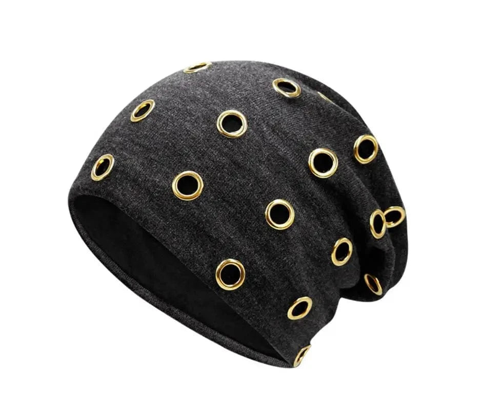 SAINT CHIC Hat Grey Gold Circles / One Size METAL Beanie Hat