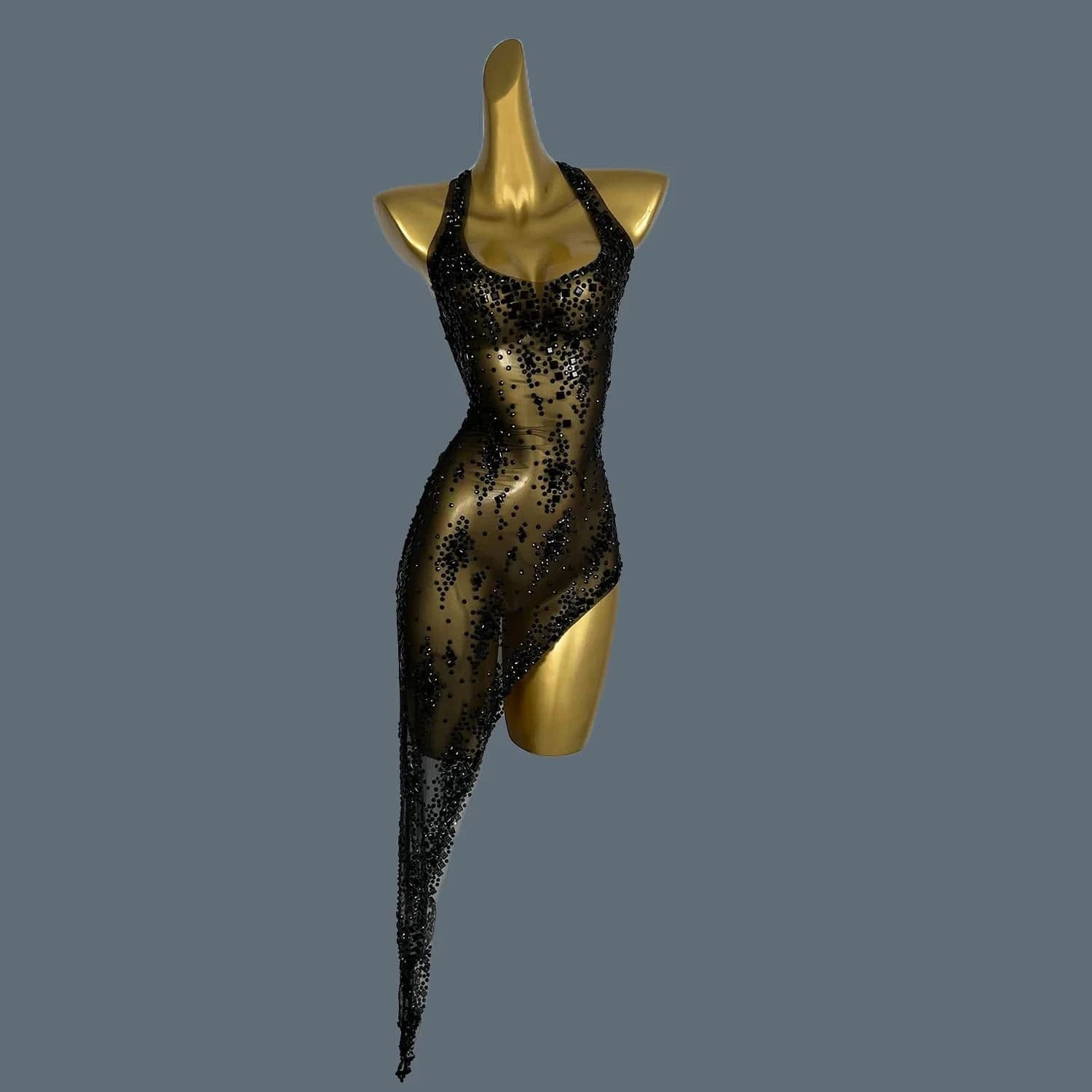 SHATTER Crystal Mesh Asymmetrical Dress-dress-SAINT CHIC
