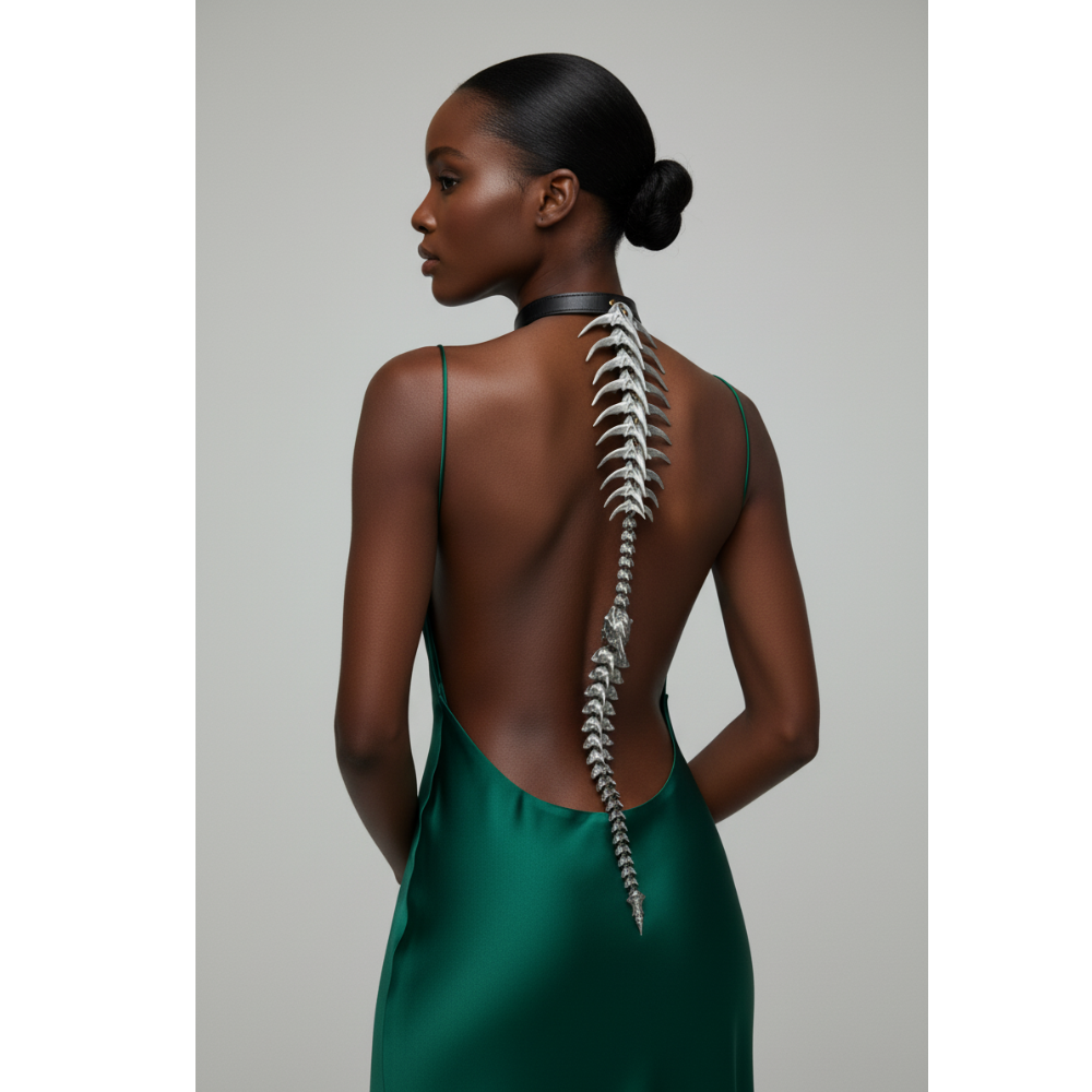 Woman in a green dress with a detailed spine design on a gray background