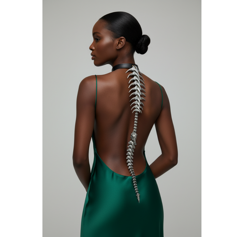 Woman in a green dress with a detailed spine design on a gray background