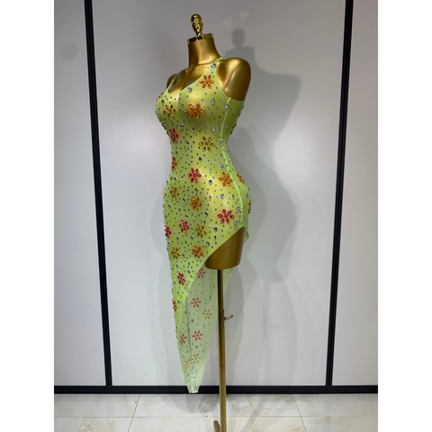 STARFLOWER Crystal Mesh Asymmetric Dress