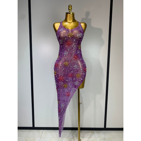 STARFLOWER Crystal Mesh Asymmetric Dress