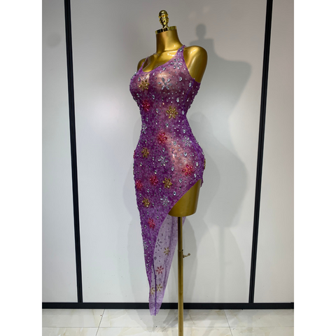 STARFLOWER Crystal Mesh Asymmetric Dress