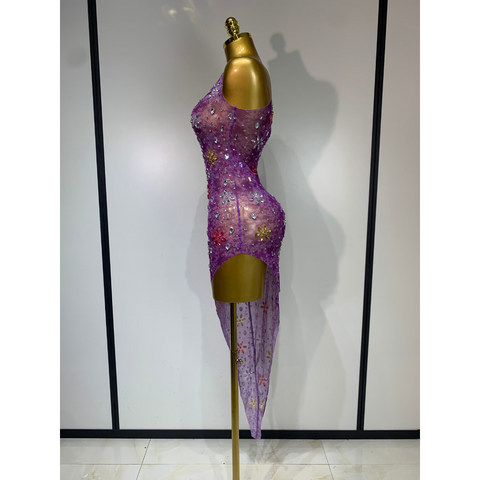 STARFLOWER Crystal Mesh Asymmetric Dress