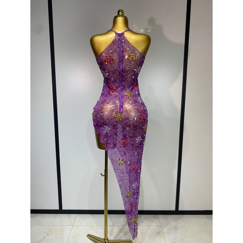 STARFLOWER Crystal Mesh Asymmetric Dress