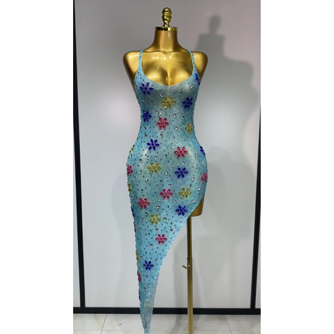 STARFLOWER Crystal Mesh Asymmetric Dress