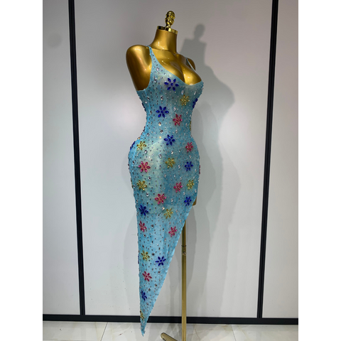 STARFLOWER Crystal Mesh Asymmetric Dress