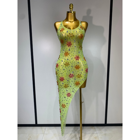 STARFLOWER Crystal Mesh Asymmetric Dress